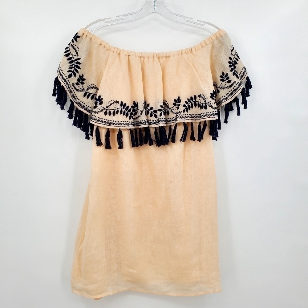 St. Roche 100% Linen Off Shoulder Embroidered Tassel Mini Dress